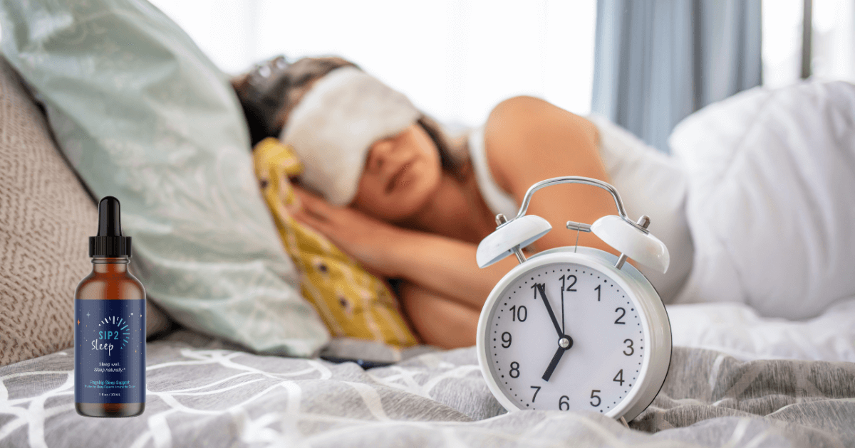 Person sleeping peacefully with an alarm clock and Sip2Sleep® bottle on a bedside table, highlighting the natural sleep aid for better sleep and relaxation