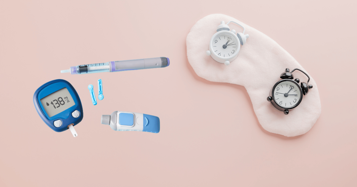 Diabetes supplies and sleep mask with alarm clocks representing diabetic insomnia