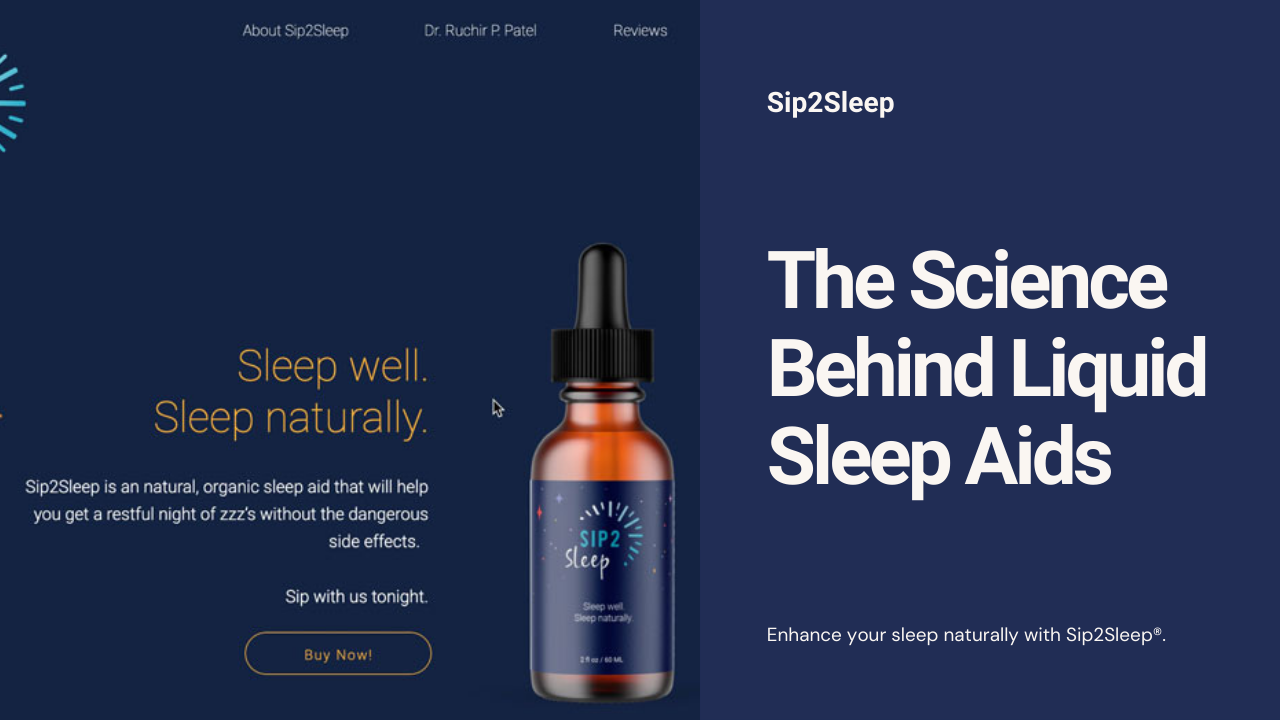 Sip2Sleep liquid sleep aid bottle on dark background with text highlighting science behind liquid sleep aids