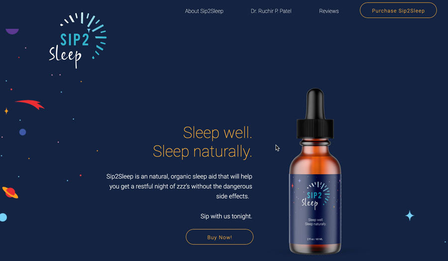 Bottle of Sip2Sleep natural sleep supplement displayed against a cosmic-themed backdrop, emphasizing its organic, side-effect-free benefits for improved sleep