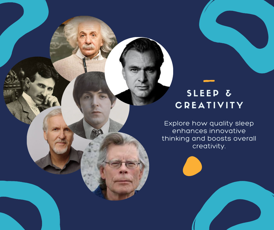 Collage of famous innovators Einstein, Nolan, Tesla, McCartney, King with text about sleep and creativity connection on a navy blue background