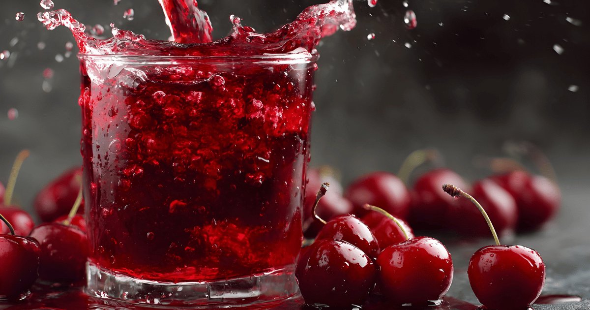 A glass of tart cherry juice with a splash, surrounded by fresh cherries, is a key ingredient in the Sleepy Girl Mocktail