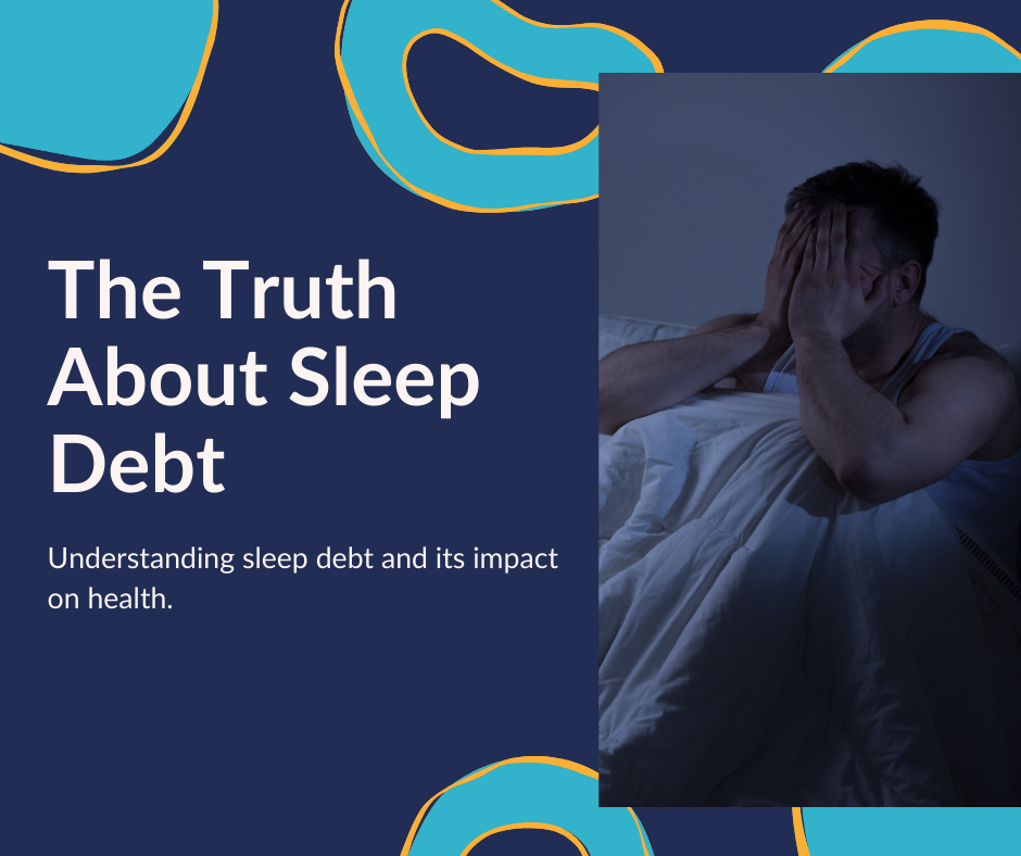 Man lying in bed with sleep problem, representing the sleep debt and with underlying text about sleep debt details.